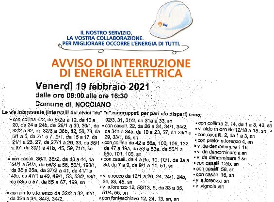 AVVISO INTRRUZIONE ENERGIA ELETTRICA VENERDI' 19 FEBBRAIO 2021