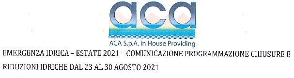 Emergenza Idrica - Estate 2021 - Comunicazione programmazione chiusure e riduzioni idriche dal 23 al 30 Agosto 2021
