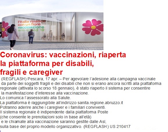 Coronavirus: vaccinazioni, riaperta la piattaforma per disabili, fragili e caregiver | Regione Abruzzo
